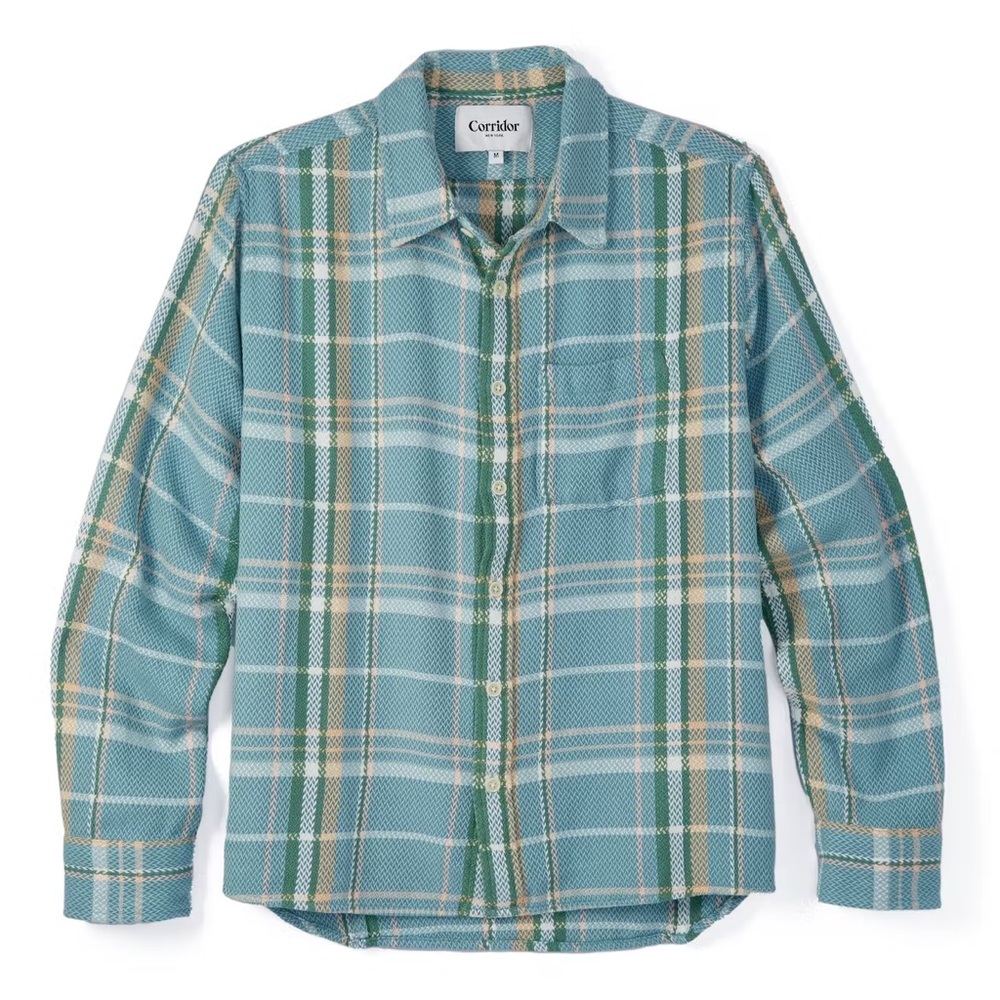 Corridor Baby Blue/Green Plaid Casual Button Down Shirt tear on sleeve
